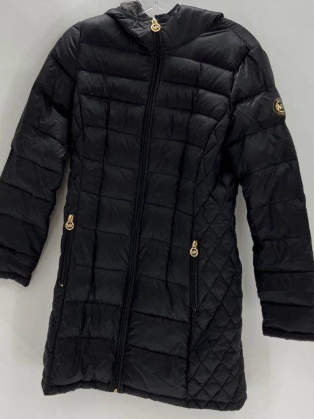 NWOT Michael Kors Black Quilted Long Puffer Coat with Gold Accents